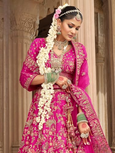 Traditional Bridal Lehenga Choli with Gold Embroidery, Hot Pink, Heavy Zari Work with Dupatta (Pink, XL)