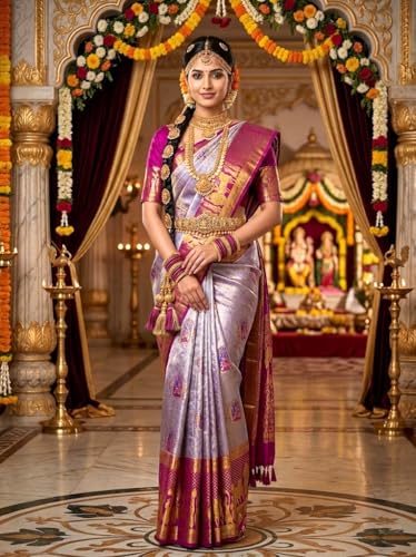 VFCollections Women's Traditional Handloom Kanchipuram Silk Pure Pattu Sarees – Peacocks Border | Rich Zari Woven Design | Bridal Saree | Unstitched Blouse