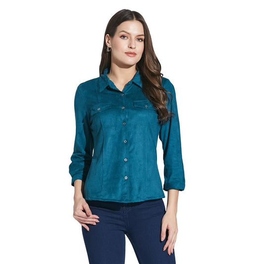 Latin Quarters Women Teal Shirt Collar 3/4 Sleeve Solid Shirt_L
