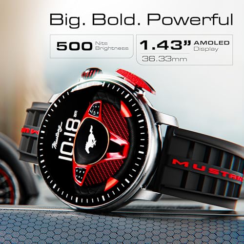 GOBOULT Mustang Racer Smart Watch 1.43'' AMOLED Display, Rotating Bezel, BT Calling, 150+Watchfaces, 500 Nits Brightness, AI Voice Assistant, SpO2 Monitoring, 120+ Sports Mode (Black Blaze)
