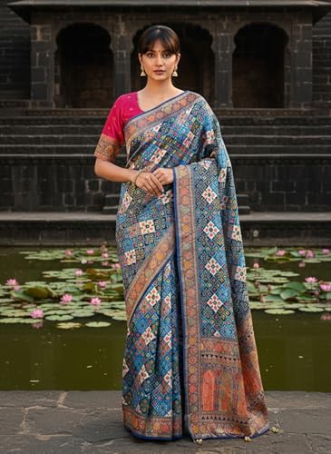Glory Sarees Women’s Luxurious Dola Pure Silk Original Saree Position Print Work Bandhani Patola Inspired Motifs Banarasi Kanjivaram Style Saree With Blouse Piece(Elegant108_Blue)