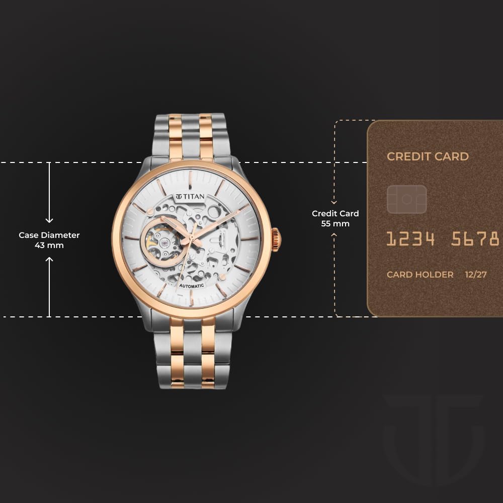 Titan Metal Mechanicals Automatic White Dial Two Toned Silver and Rose Gold Stainless Steel Strap Watch for Men - NT90140KM01