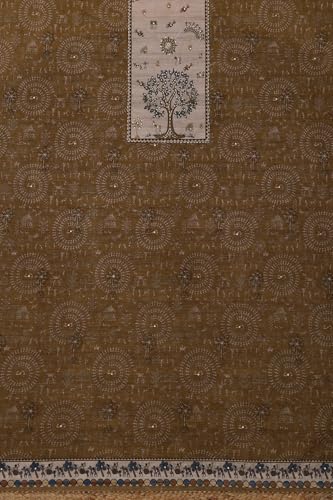 Soch Womens Beige Chanderi Warli Print Unstitched Dress Material With Sequins
