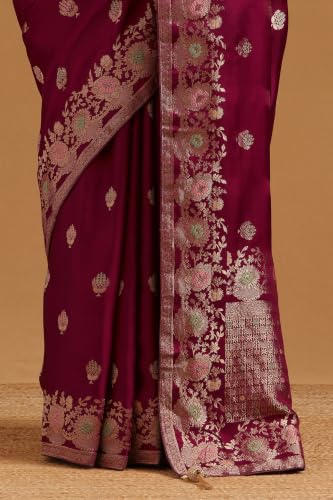 Soch Womens Wine Satin Zari Woven Saree