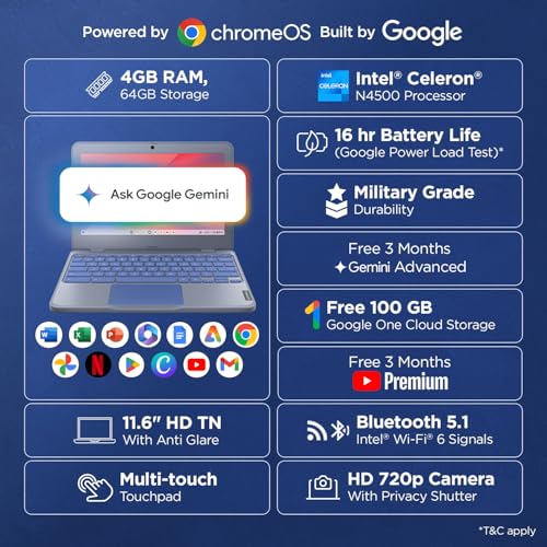 Lenovo {SmartChoice Chromebook, Intel Celeron N4500, 4GB RAM, 64GB eMMC, HD, 11.6"/29.46cm, Chrome OS, Blue, 1.21Kg, 2Wx2 Stereo Speakers, HD Camera, 82UY0014HA, Laptop