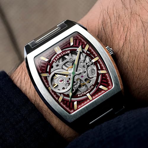 Thomas Earnshaw Men's 40mm Heritage Wellington Skeleton Automatic Watch with Leather Strap ES-8302, Merlot