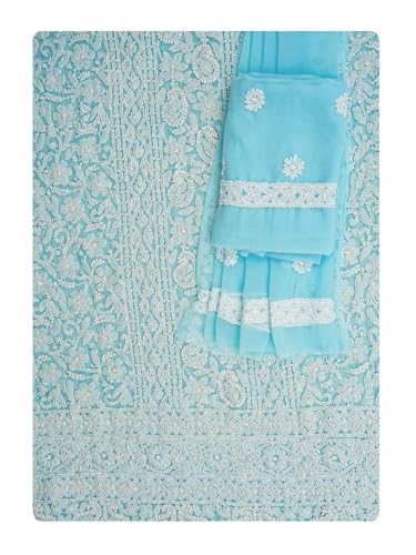 Ada Hand Embroidered Lucknowi Chikankari Unstitched Georgette Dress Material Suit Piece with Dupatta for Women 01A873538 Blue