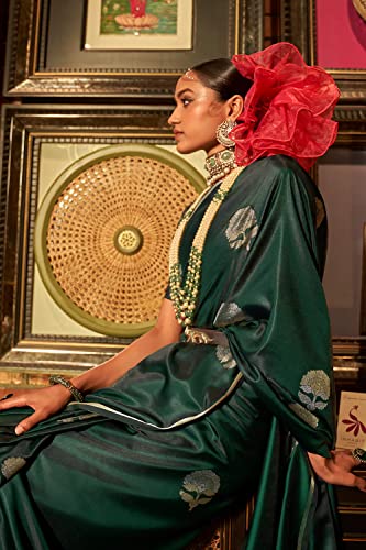 SGF11 Women's Kanjivaram Satin Zari Woven Soft Silk Saree With Blouse Piece (Dark Green)