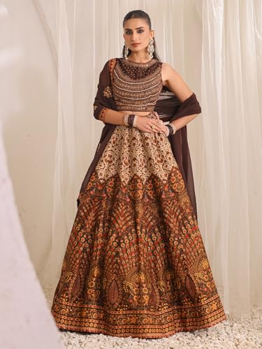 Woman's Printed brown raw silk lehenga choli