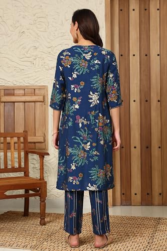 W for Woman Royal Blue Foil Floral Printed Vicuna Crepe Straight Kurta and Pants Set (Size: XS)-24AUWS11761A-125031