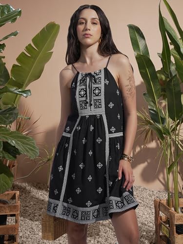 Vishudh Women Sleeveless Tie Neck Dress VVa1000097 Black XL