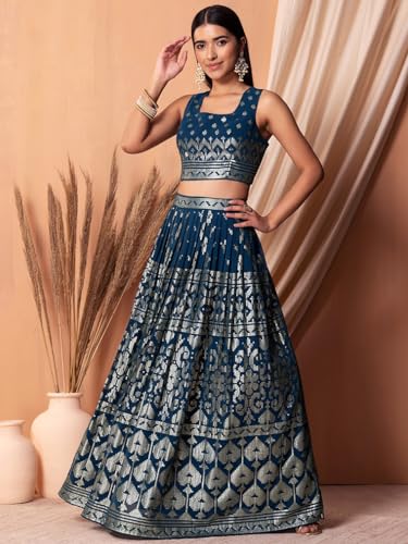 Zeel Clothing Sequins Thread Embroidered Work Pure Georgette Semi Stitched Lehenga Choli With Dupatta (5117-Blue-Women-Lehenga-Choli-Latest; Free Size)