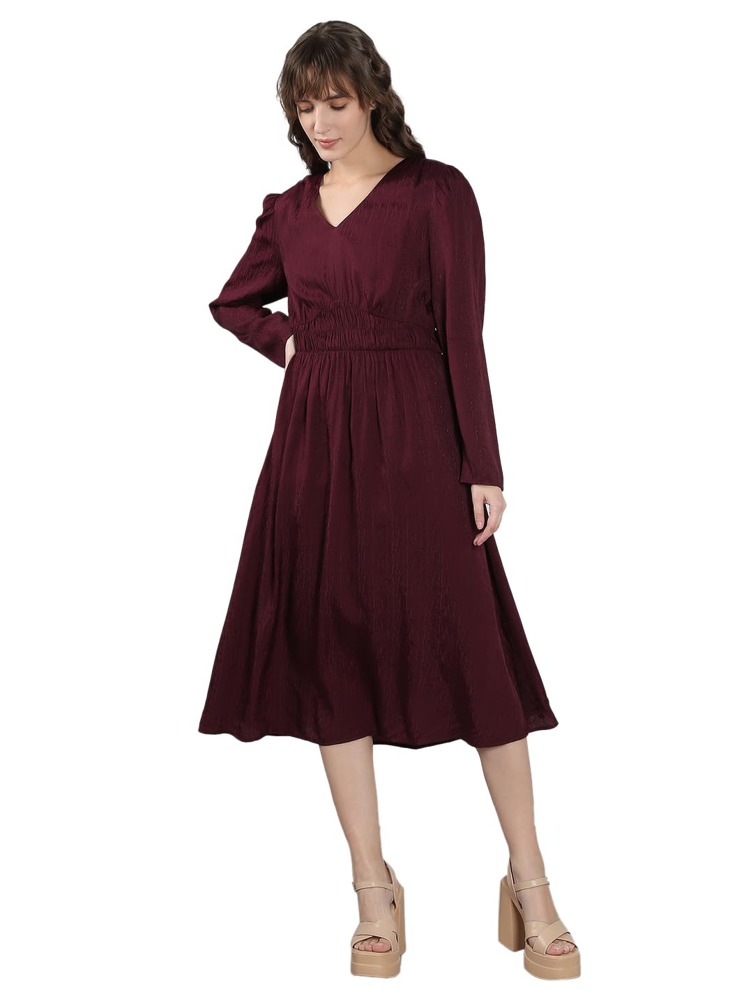 VERO MODA Women's Fit and Flare Maroon Dress