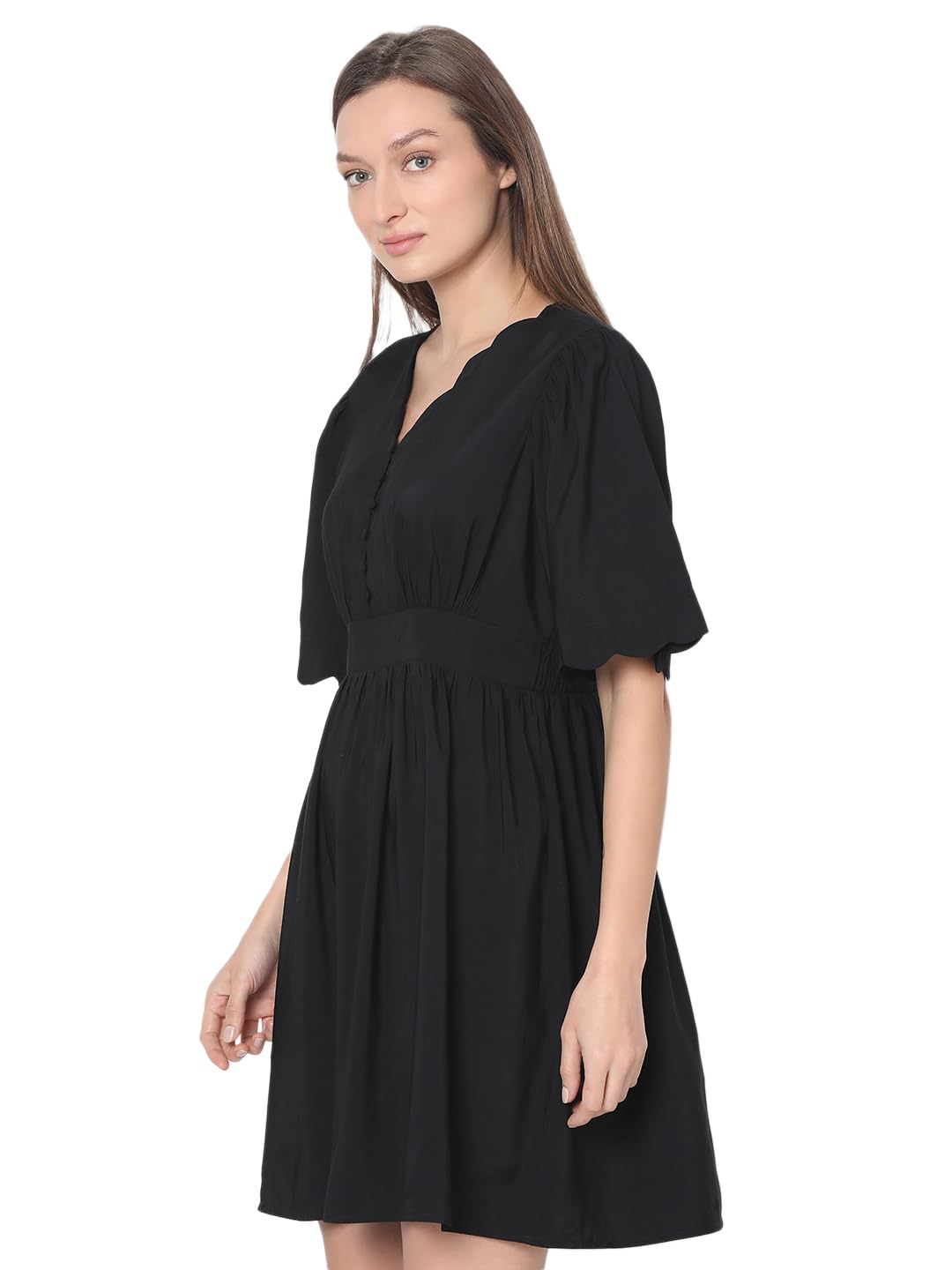 Vero Moda Women's Viscose Fit and Flare Above The Knee Dress (10305676- Black