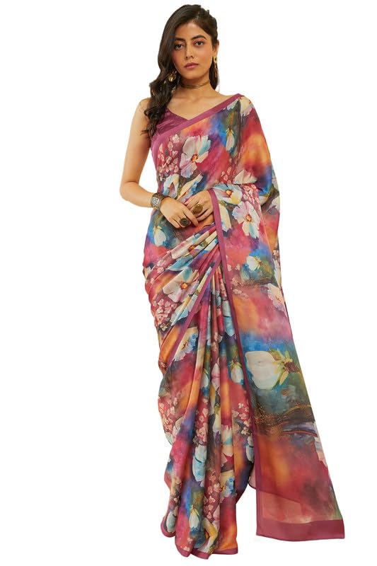 Soch Womens Onion Pink Floral Print Crepe Saree