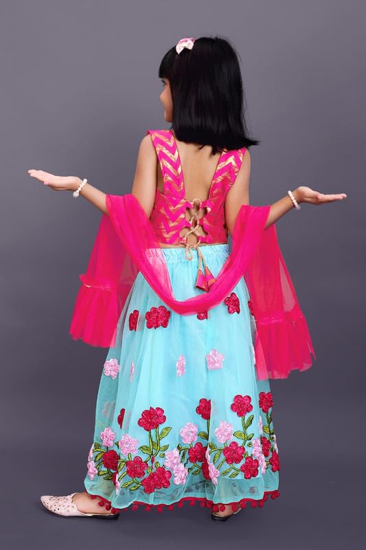 satyamfab Kids Net Fabric Thread Embroidered Work Lehenga With Jacquard Weaving Choli and Smooth Net Dupatta for Girls