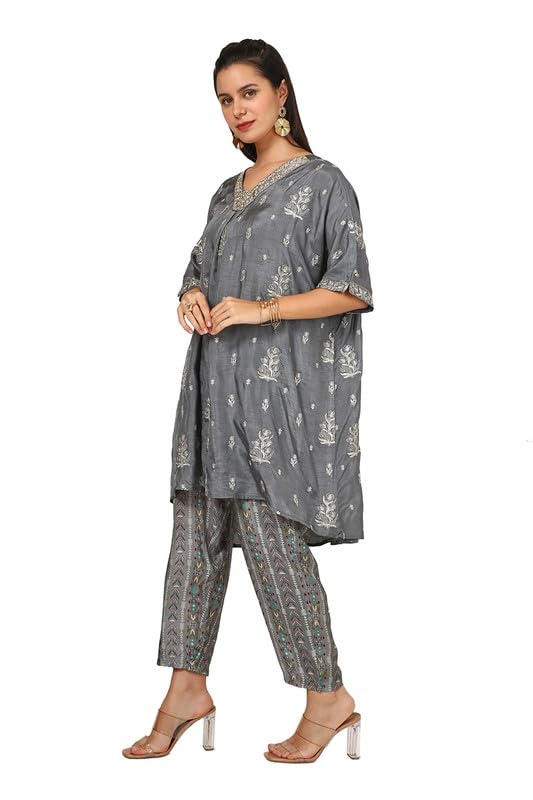 Soch Womens Grey Viscose Blend Embroidered Co-Ord Set With Mirror Work