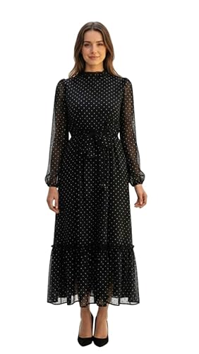 RUBY FASHIONS Women's Premium Georgette Black Polka Dot Maxi Dress – Elegant Full Sleeve Long Dress with Back Zip Closure, Stylish Evening & Casual Flare Gown (in, Alpha, S, Big, Black)