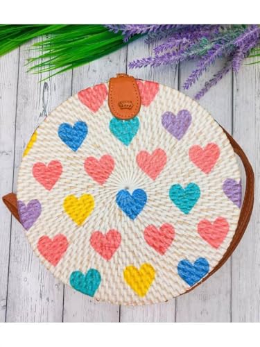 MAIRO LIFESTYLE Rattan Cane Straw Wicker Handmade Boho Summer Beach Round Sling Bag (Love Heart)