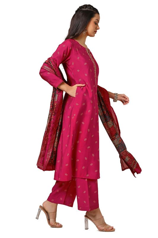 Soch Womens Fuchsia Muslin Blend Bandhani Print Suit Set With Sequins