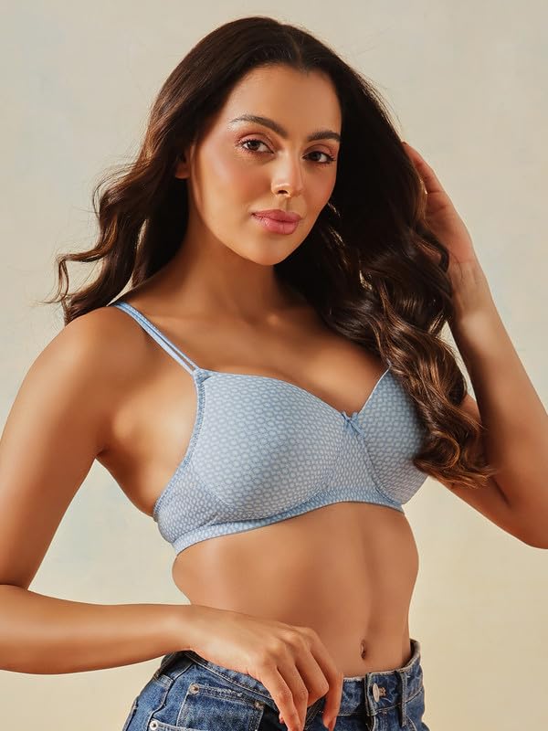 Clovia Women's Printed Non-Wire Padded Full Coverage T-Shirt Bra (BR1067F03_32C_Blue)