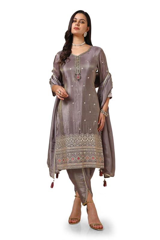 Soch Womens Grey Tissue Suit Set With Stones And Sequins