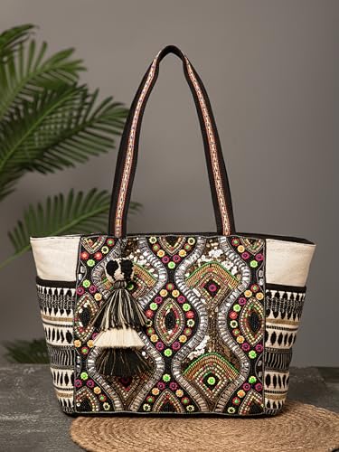 Anekaant Boho Natural, Black & Multicolor Acrylic Jacquard & Cotton Canvas Trellis Embellished Tote Bag