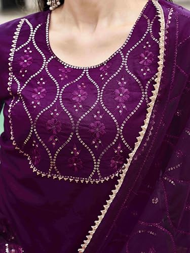 Womanista Women's Wine Color Pure Cotton Sequinns Embroidered Flared Kurta set(Kurtaset_1368_L)