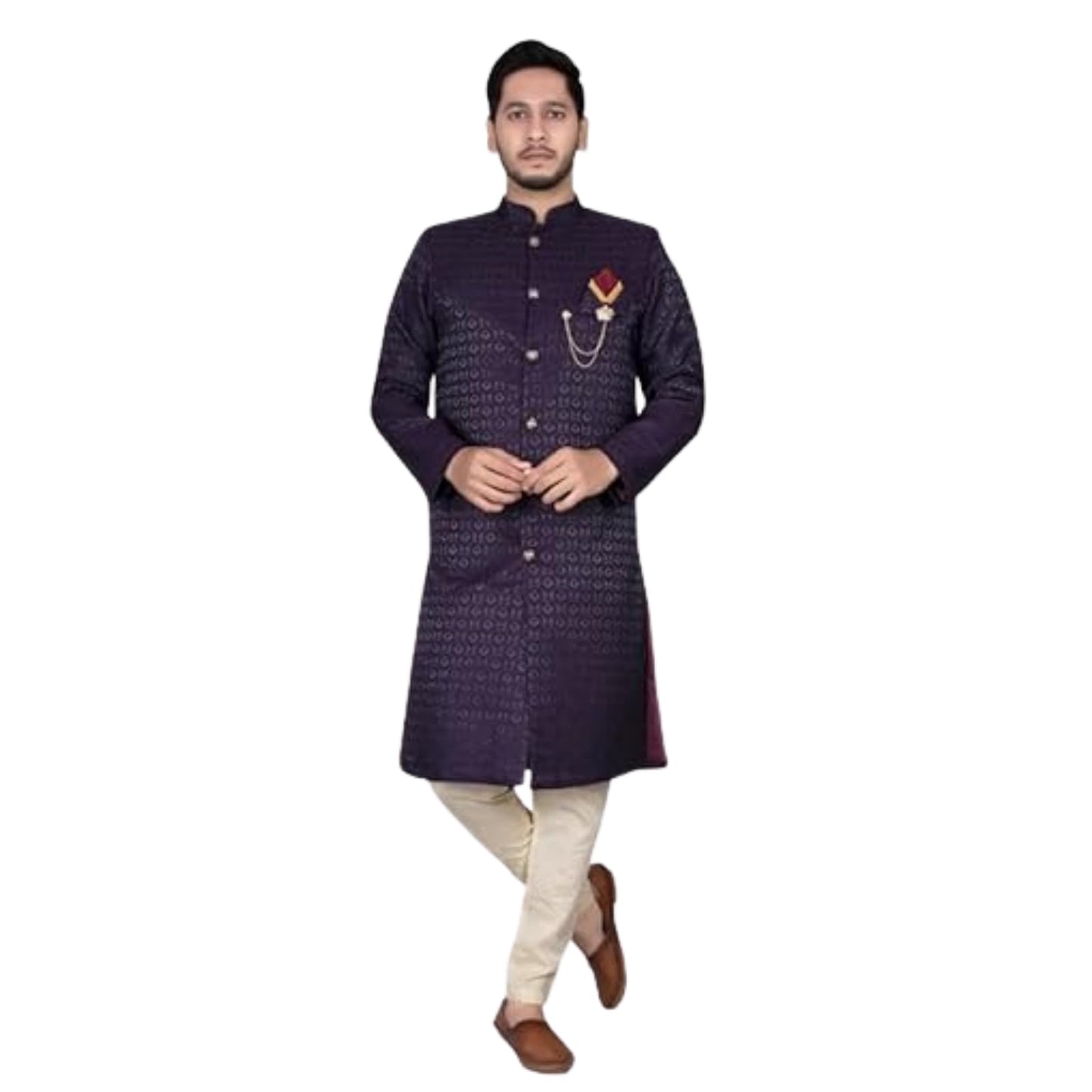 Amzira Men's Wine Heavy Jacquard Indo Western Set - Elegant Traditional Design with Intricate Jacquard Detailing, Perfect for Special Occasions, Celebrations and Parties, Comfortable and Trendy Fit