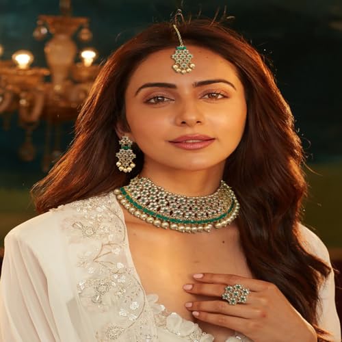 ACCESSHER Gold-Tone Choker - Pearls,Green-White Stone, With Maangtikka & Earrings With a Pair of Transparent Earring supporter sticker & Maangtikka Supporter Patch