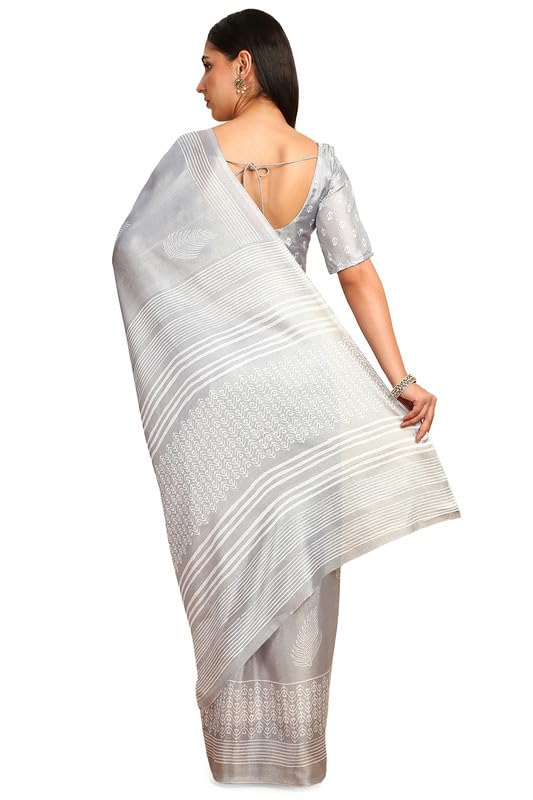 Soch Womens Grey Art Silk Botanical Print Saree