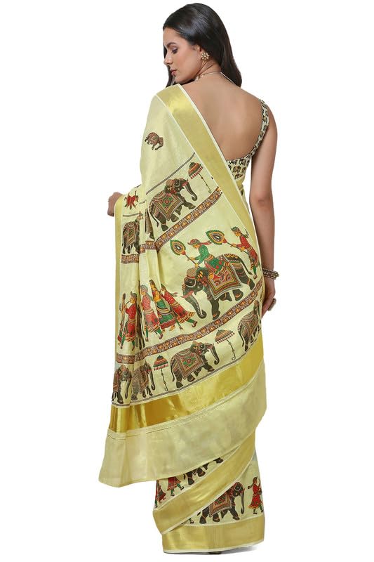 Soch Womens Cream Tissue Kasavu Saree