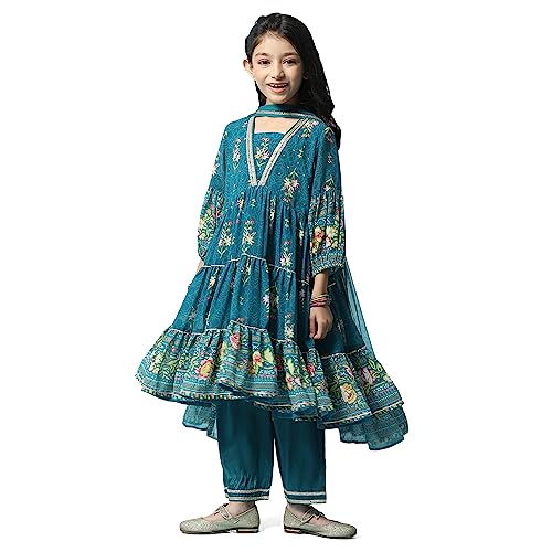 BIBA Girl's Cotton Printed Tired Kurta Kid (Kw5449_Teal_5, Salwar Suit Set)