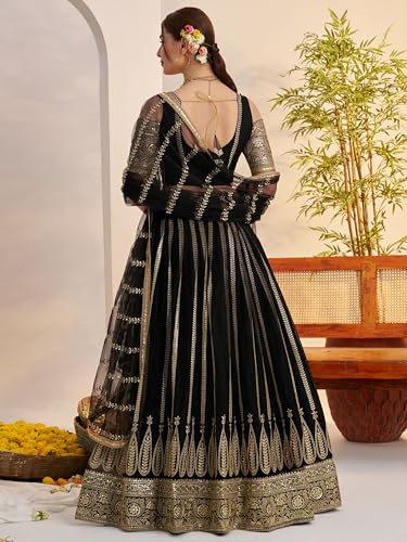 Zeel Clothing Women's Cotton Thread Sequins Work Embroidery Soft Net Lehenga Choli With Dupatta (NFH-2149-Black-Women-Lehenga-Choli; Free size) (Black)