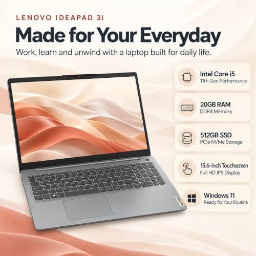 Lenovo IdeaPad 3i 15.6" FHD IPS Touchscreen Laptop, Intel Core i5-1135G7, 20GB RAM, 512GB PCIe NVMe SSD, Backlit Keyboard, Fingerprint Reader, Bluetooth, Wi-Fi, HDMI, Windows 11, Arctic Grey