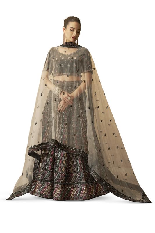 Soch Womens Black Georgette Embroidered Unstitched Lehenga Set with Stone Embellishments