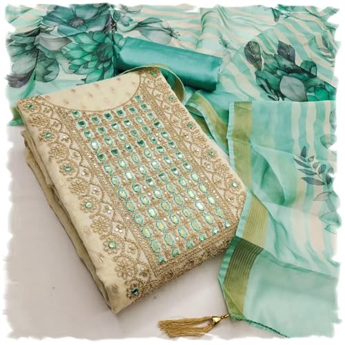 Leeli Peeri Designer Women's Simmer Silk Mirror Embroidery Work Unstitched Salwar Suit Dress Material