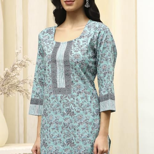 BIBA Women's Turquoise Cotton Hand Block Print Unstitched Suit Set