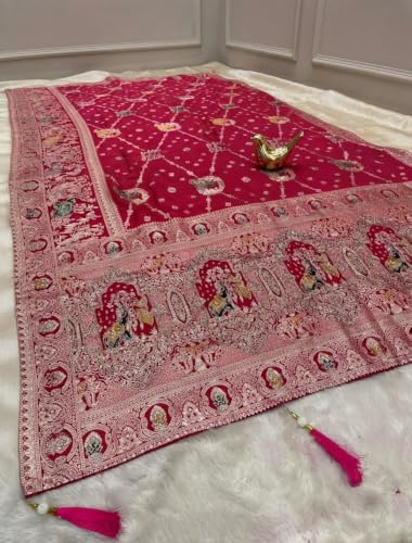 BHARTI COLLECTIONS Premium Women's Banarasi Style Art Silk Saree with Rich Zari Woven Border & Designer Pallu, Traditional Wedding, Bridal, Reception, Festive Party with Blouse Piece (Pink)