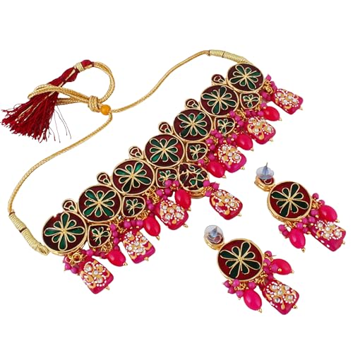 Lucky Jewellery 18K Gold-Plated Back Meenakari Kundan Choker Necklace with Earrings | Elegant Magenta Color Necklace Jewelry Set for Women & Girls (1565-J5SK-1630-R)