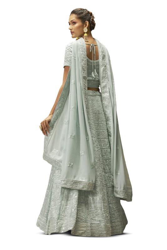 Soch Womens Powder Blue Georgette Geometric Pattern Sequin Embellished Unstitched Lehenga Set