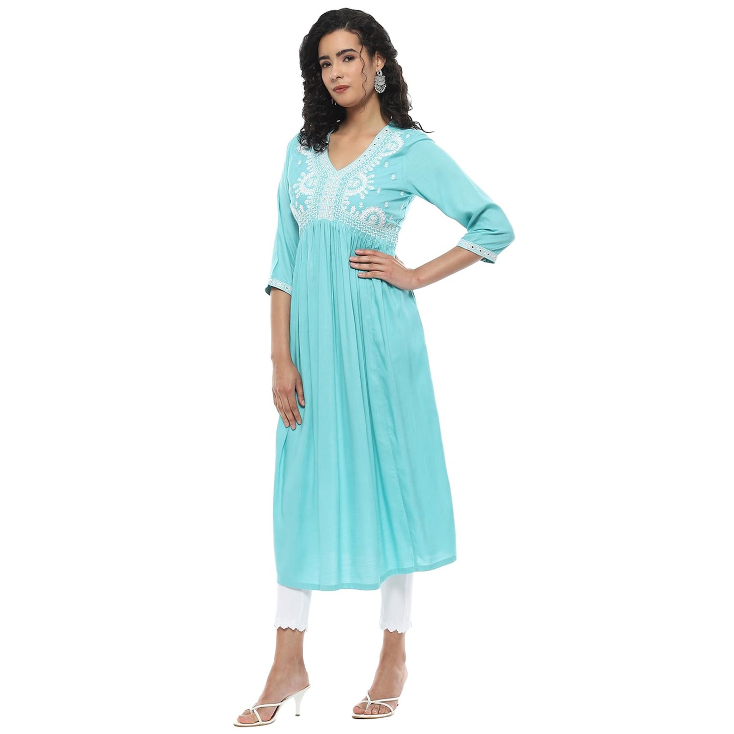 Rangriti Women Viscose Embroidred Tiered Dress Ankle Length Casual SUMMERHUES19077SS24CYNBLU_Blue