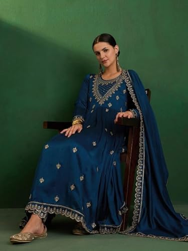 AVYUKTHA | Women Ethnic Motifs Embroidered Kurta with Trors & Dupatta | Traditional Thread Work Kurta Set for Festive & Daily | Navy | Size- 2XL