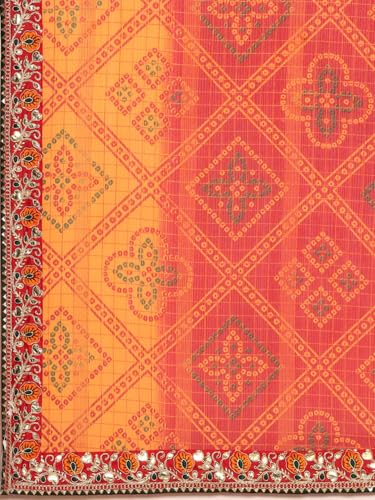 Panzora Women's Yellow Georgette Bandhani Gota Patti Work Border Saree With Unstitched Blouse Piece