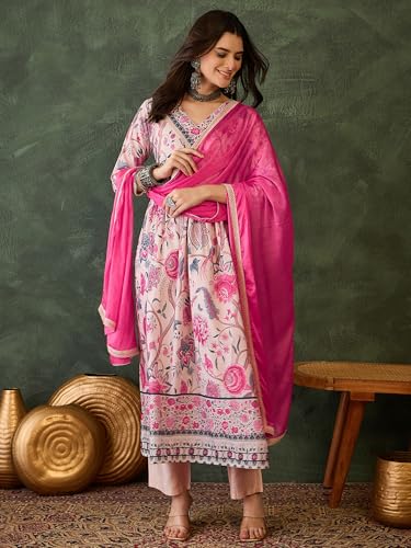 VARNI FABRIC Cotton Lining Kurta Set for Women | 3/4 Sleeves Floral Printed Woman Salwar Suit with Pant & Dupatta | Festive Wedding Ethnic Wear | Prefect for Office Summer | Cream | L