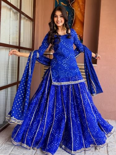 Women's Bandhani Printed Kurta Set With Dupatta And Sharara