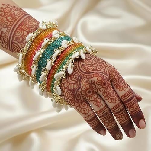 BANGLESKART 16pc Glossy Multi Set Kashmiri Ghunghroo Bangles Cowrie Shell Kaudi Glass Churi Haldi Jewelry Women Multicolor