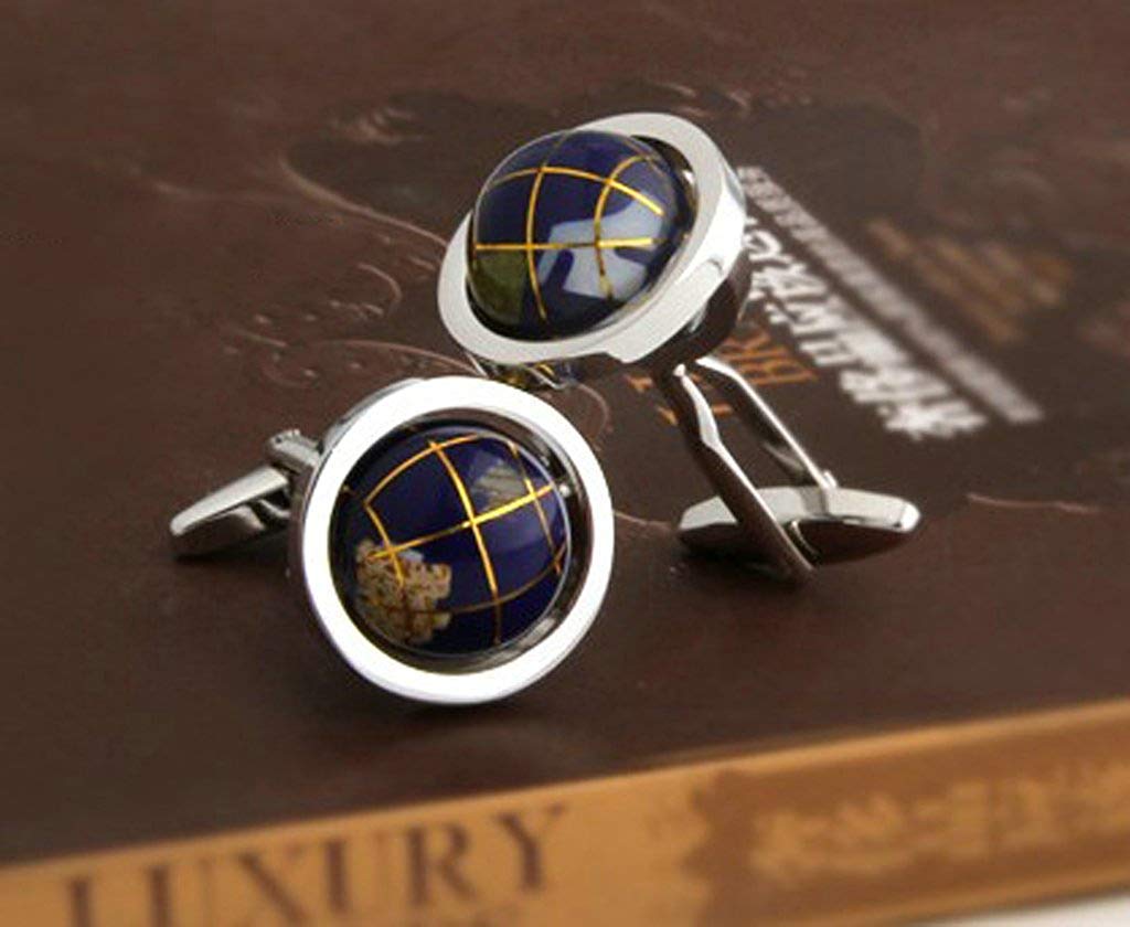 Peora Really Spins Globe Earth Blue Formal Cuff Links Cufflinks Set Valentine Gifts for Men