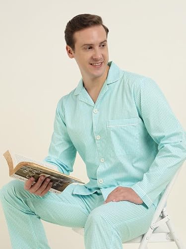 Hancock Men Cotton Checked Relaxed Fit Night Suit Blue Size XL