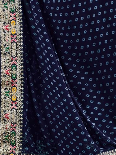 Satrani Women's Georgette Sequence Embroidery Lace & Bandhani Printed Saree with Unstitched Blouse Piece (4115S906NY_Navy Blue)